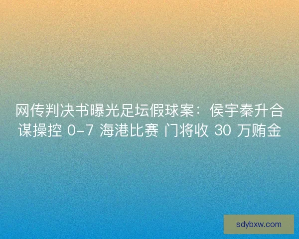 网传判决书曝光足坛假球案：侯宇秦升合谋操控 0-7 海港比赛 门将收 30 万贿金